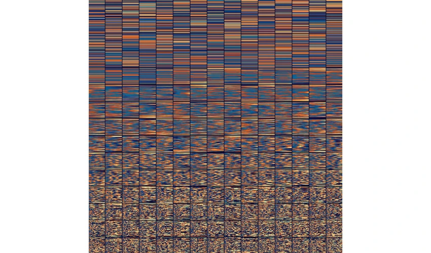 abstract and multicolored grid of a dozen plus columns of rows of colored segments